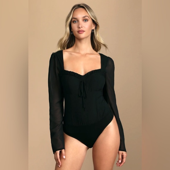 Lulus Be Your Date Black Bustier Backless Long Sleeve Bodysuit - Size Large - Picture 2 of 8
